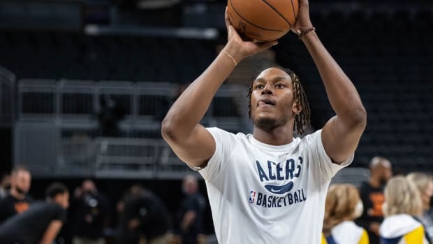 Myles Turner warming up